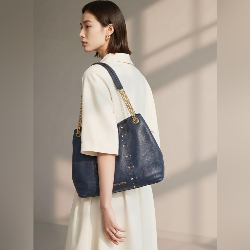 Michael Kors Navy‎ Blue Pebbled Leather Studded Chain Shoulder Bag Tote